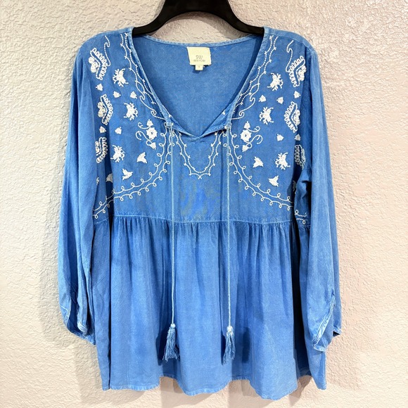 SW New York Tops - Boho Embroidered Peasant Top Blue Tassel V-Neck Peplum Blouse Size L